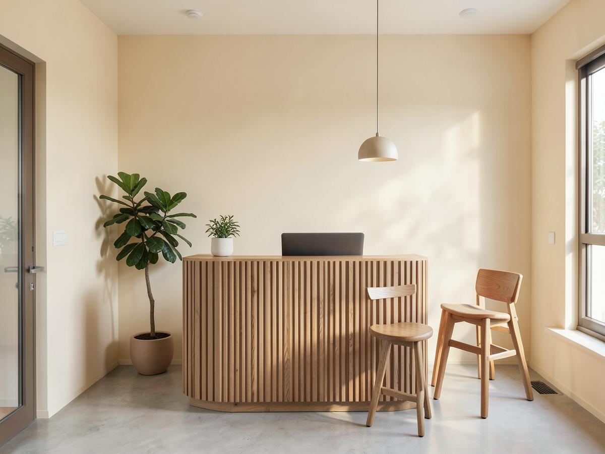 Calm modern clinic reception with warm ivory walls and oak furniture